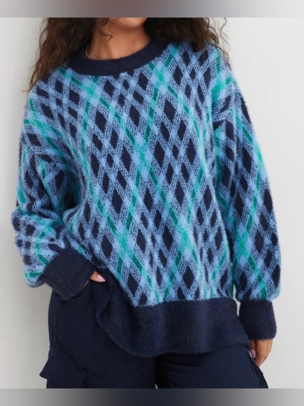 aerie Navy, Light Blue & Green Fuzzy Crewneck Oversized Sweater - Size L